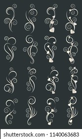 Set of decorative borders. Swirls with hearts for calligraphy graphic design, postcard, menu, wedding invitation, romantic style.