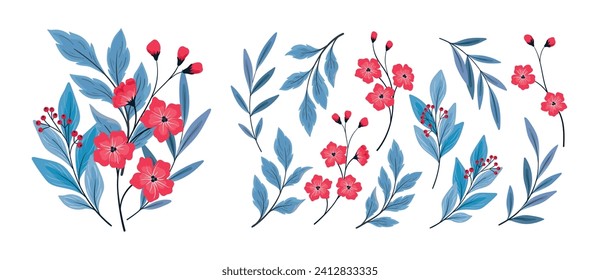 Set of decorative botanical design elements in folk style: wild plants, small red flowers, large blue leaves, branches, berries. Isolated hand drawn pretty floral elements. Vector illustration.