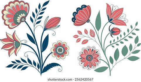 Set of decorative botanical design elements in folk style: wild plants, small red flowers, large blue leaves, branches, berries. Isolated hand drawn