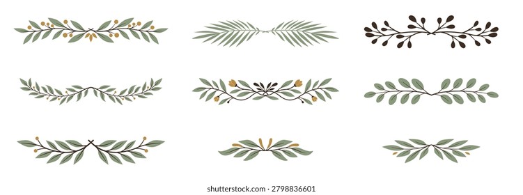 Set of decorative botanical dividers. Garlands featuring green leaves, brown stems, and small yellow berries on a white background. Vector illustration