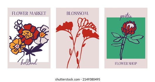 Set dekorativer botanischer Plakate. Moderne Blumendrucke. Kollektion von Blumenmarktbannerkonzepten für Wanddekor, Notizbuch- und Broschürenumschläge, Postkarten. handgezeichnete Vektorgrafik