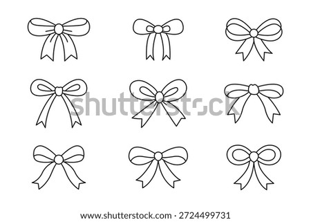 Set of decorative bow icons vector, black silhouette and outline ribbon designs for gift wrapping, fashion, celebration, and festive decoration. eps10