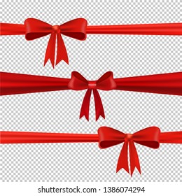  Set of decorative bow with ribbon vector illustration. Vector bow for decor on transparent background. Template for greeting card. Set of colorful bows and ribbons vector.