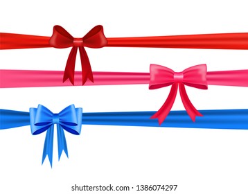  Set of decorative bow with ribbon vector illustration. Vector bow for decor on transparent background. Template for greeting card. Set of colorful bows and ribbons vector.