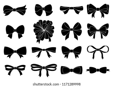 Set of decorative bow for your design. Vector black bow silhouette isolated on white svg