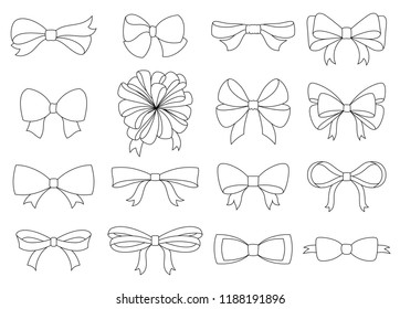 Set of decorative bow for your design. Vector bow silhouette isolated on white. Coloring book