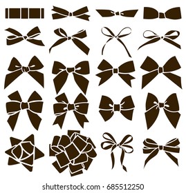 Set of decorative bow for your design. Vector black bow silhouette isolated on white 