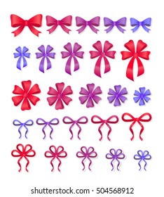 Set of decorative bows. Big set of gift bows with ribbons. Vector cartoon illustration of bows and ribbons of different shapes and sizes. Flat style design. Soft colors. Present bows decor collection