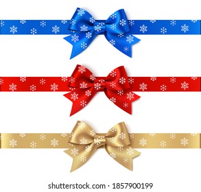 Set of decorative bows with horizontal ribbon and white snowflakes isolated on white. Christmas and New Year decoration. Vector stock illustration