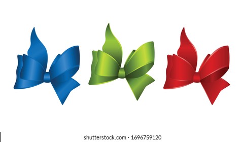 Set of decorative  bows (red, blue, green). Vector gift bow  for page decor. Concept for invitation, banners, gift cards, congratulation or website layout vecto