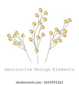 Set of decorative branches with golden berries. Collection of decorative design elements