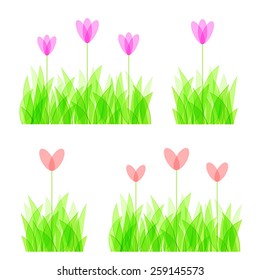 Set of decorative bright green grass and flowers
