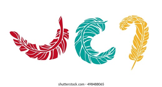 Set of decorative bright multi-colored ethnic feathers hand-painted in Boho style. Beautiful Indian plumage. Vintage graphic set. Hand-drawn illustration. Tribal. Isolated on white background. 