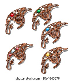 Set of decorative brooches made of copper wire with artificial stones isolated on a white background. Vector cartoon close-up illustration.