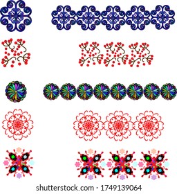 set of decorative brushes for Illustrator. blue flowers, red berries, multicolored wheels, floral ornaments.