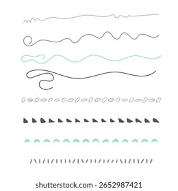 Set van decoratieve borstels. Wavy, wervelen, cirkels, driehoeken, golvende, abstracte penselen voor decor