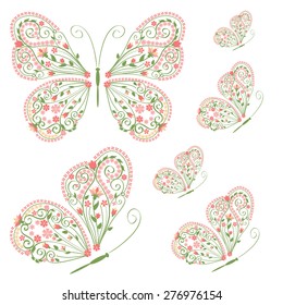 Set of decorative butterflies with floral ornament isolated on white background. Vector illustration.