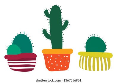 Set of decorative cactus plant pots vector or color illustration