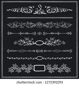 Set of decorative calligraphic elements for decoration of menu pages. Symmetrical ornamental objects for design wedding invitations, posters, billboards. Hand-drawing.
