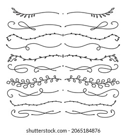 Conjunto de elementos caligráficos decorativos para la decoración. Elementos florales dibujados a mano aislados sobre fondo blanco. Ramas de esquema para libros, tarjetas de felicitación, invitaciones, web. Estilo Doodle