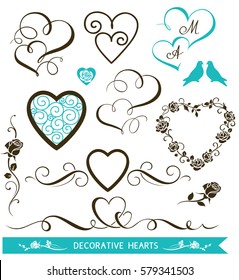 Set of decorative calligraphic hearts for wedding invitation design. Valentine's Day love hearts and floral elements. Vector illustration