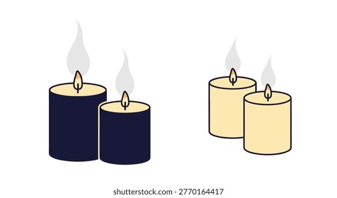 Set of decorative candles in dark blue and pale cream colors with soft flames and rising smoke plumes on a white background.