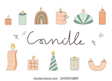 Set of decorative candles. Candles of different shapes for interior. Illustration by hand. Doodle style