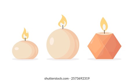 Set of decorative candles. Illustration for home decor, holiday, birthday, Christmas designs. Vector isolated on a white background in flat style.