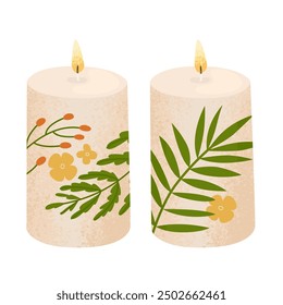 Conjunto de velas decorativas para decoración de interiores. Llama de una mecha encendida. Creando un ambiente acogedor y romántico en la casa. Ilustración vectorial aislada sobre un fondo transparente.