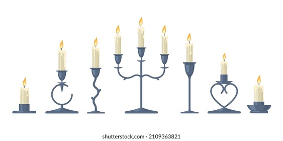 Set of decorative candles. Vintage stickers with burning candles on beautiful metal retro stands. Fire, light or home flame. Cartoon contemporary flat vector collection isolated on white background