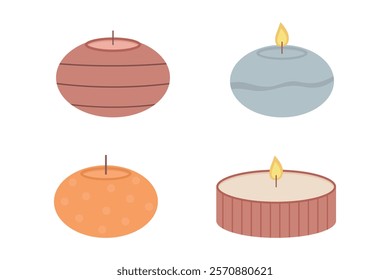 A set of decorative candles with and without flames. Isolated vector illustration.