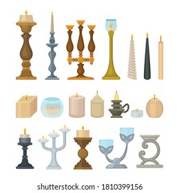 Set of decorative candlesticks and wax candles.