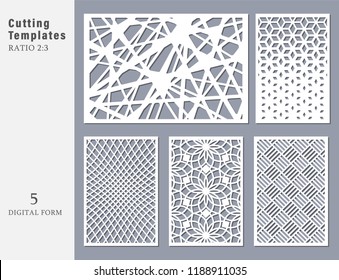 Set decorative card for cutting. Abstract geometric linear
pattern. Laser cut. Ratio 2:3. Vector illustration.