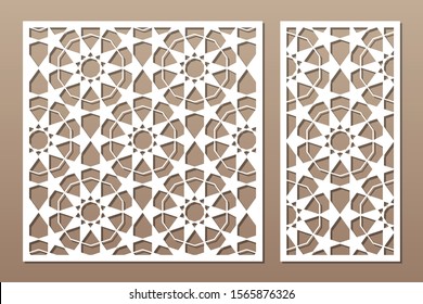 Set decorative card for cutting. Arabic pattern geometric mosaic pattern. Laser cut. Ratio 1:1, 1:2. Vector illustration.