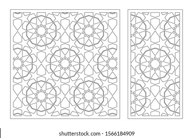 Set decorative card for cutting. Arabic pattern geometric mosaic pattern. Laser cut. Ratio 1:1, 1:2. Vector illustration.
