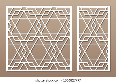 Set decorative card for cutting. Arabic linear mosaic pattern. Laser cut. Ratio 1:1, 1:2. Vector illustration.