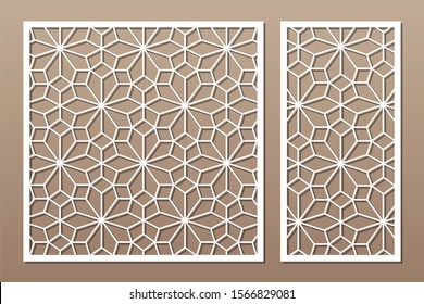 Set decorative card for cutting. Arabic linear mosaic pattern. Laser cut. Ratio 1:1, 1:2. Vector illustration.