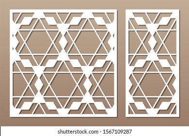 Set decorative card for cutting. Arabic linear mosaic pattern. Laser cut. Ratio 1:1, 1:2. Vector illustration.