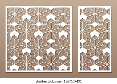 Set decorative card for cutting. Arabic linear mosaic pattern. Laser cut. Ratio 1:1, 1:2. Vector illustration.