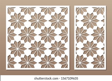 Set decorative card for cutting. Arabic linear mosaic pattern. Laser cut. Ratio 1:1, 1:2. Vector illustration.