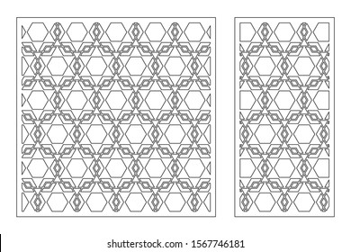Set decorative card for cutting. Arabic geometric mosaic pattern. Laser cut. Ratio 1:1, 1:2. Vector illustration.