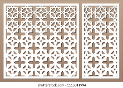 Set decorative card for cutting. Geometric figures pattern. Laser cut panel. Ratio 1:1, 1:2. Vector illustration.