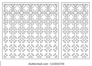 Set decorative card for cutting. Geometric figures pattern. Laser cut panel. Ratio 1:1, 1:2. Vector illustration.