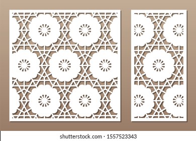 Set decorative card for cutting. Geometric linear flower pattern. Laser cut. Ratio 1:1, 1:2. Vector illustration.