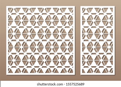 Set decorative card for cutting. Geometric linear pattern. Laser cut. Ratio 1:1, 1:2. Vector illustration.