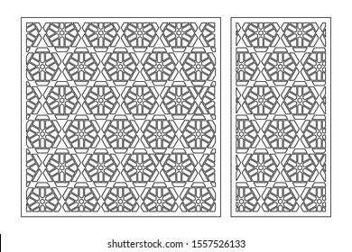Set decorative card for cutting. Geometric linear pattern. Laser cut. Ratio 1:1, 1:2. Vector illustration.