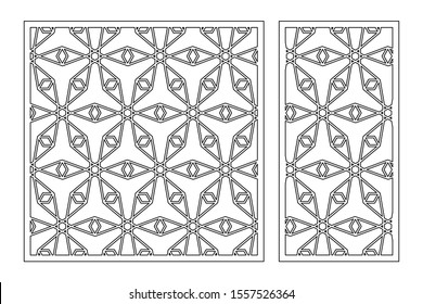 Set decorative card for cutting. Geometric linear pattern. Laser cut. Ratio 1:1, 1:2. Vector illustration.