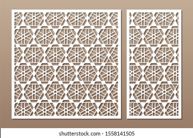 Set decorative card for cutting. Geometric linear pattern. Laser cut. Ratio 1:1, 1:2. Vector illustration.