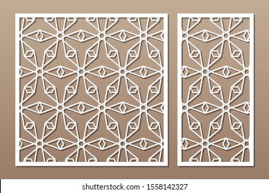 Set decorative card for cutting. Geometric linear pattern. Laser cut. Ratio 1:1, 1:2. Vector illustration.