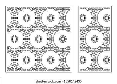 Set decorative card for cutting. Geometric linear flower pattern. Laser cut. Ratio 1:1, 1:2. Vector illustration.